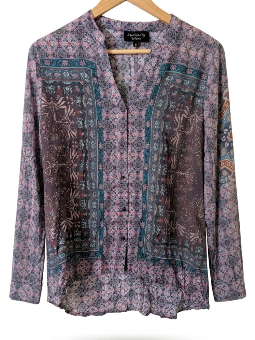 Feathers By Tolani Women Size S Purple Multi Modal Paisley Long Sleeve Blouse